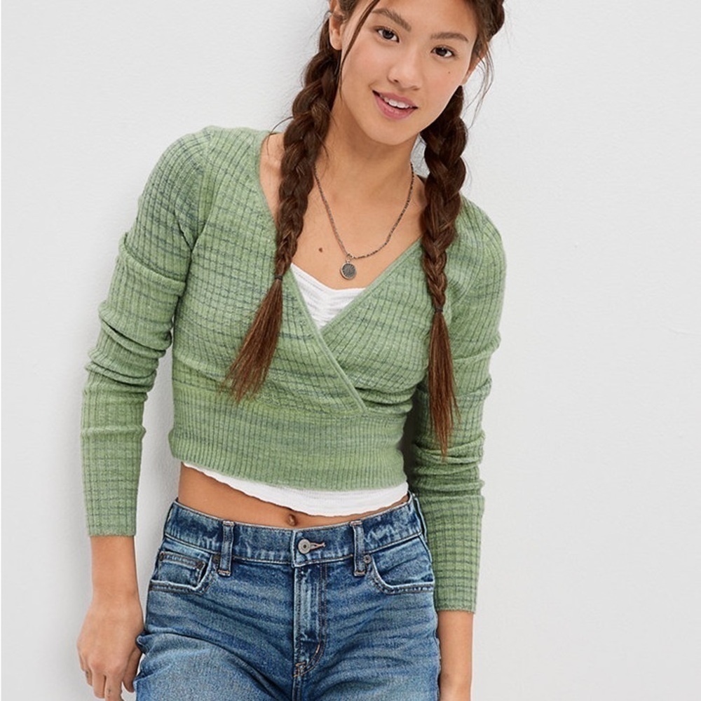 American Eagle Deep V Soft Ribbed Knit Wrap Cropped Sweater - Medium in Green